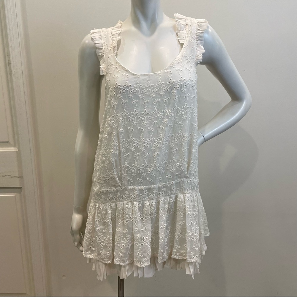 BLUE TASSEL White 100% Silk Eyelet Ruffle Drop Waist Mini Tank Dress